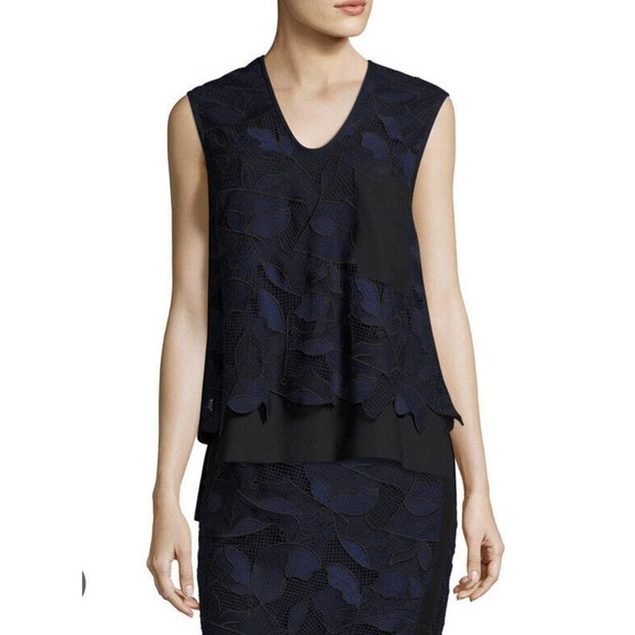 Grey Jason Wu Woman's Sz 4 Sleeveless Layered Floral Lace Top Black & Blue - Picture 1 of 7